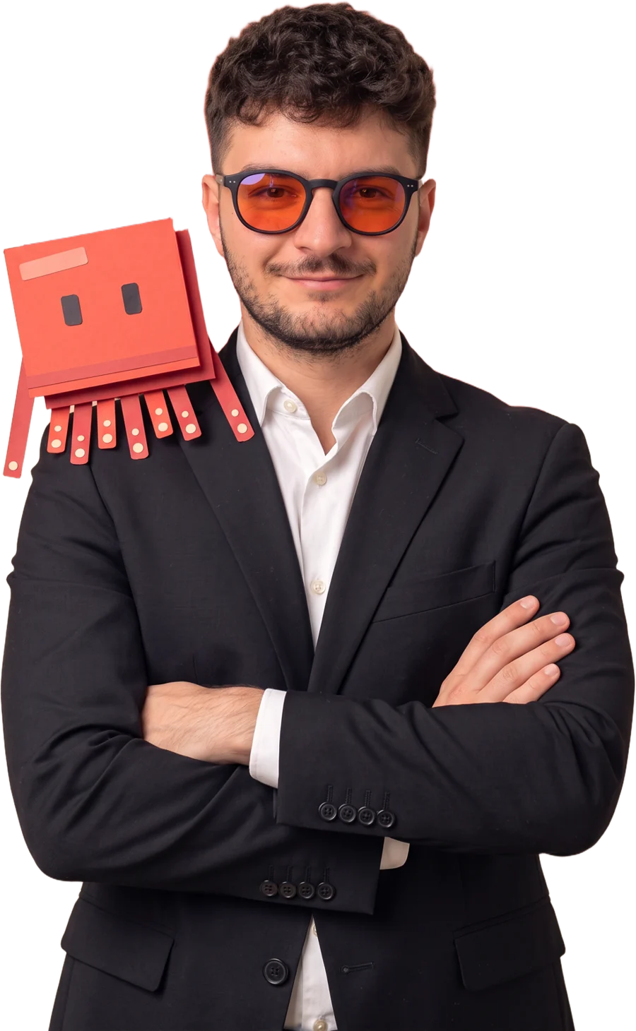 Mattia Calastri, AI Soul Engineer e fondatore di Astra Digital, ritratto a mezzo busto in abito scuro